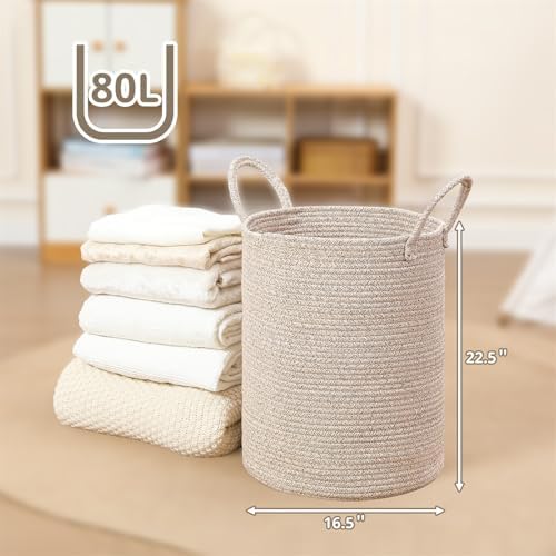 80L Large Woven Laundry Basket Hamper, 100% Natural Cotton Rope, Handwoven & Durable, Storage for Blankets, Toys, Clothes, Decorative Nursery Hamper for Living Room, Baby Room, Bedroom (Brown)