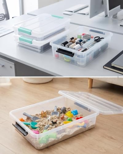 EOENVIVS 6 Pack Craft Storage Bins with Lids, Clear File Boxes, Green Clips