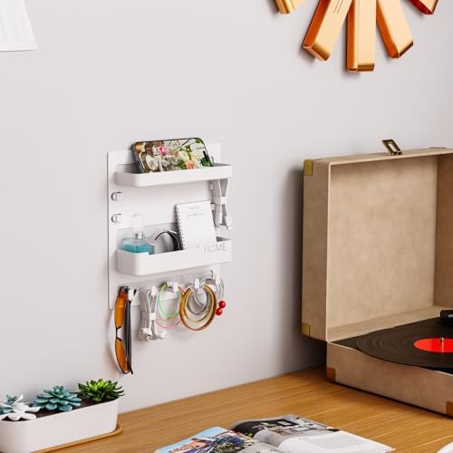 SUOXING Bedside Wall Organizer for Bedroom,Rv,Small Rooms,Nightstand and Bedside Wall Shelf for Earphone,Glasses,Remote Control,Phone Charging Shelf,Dorm Decor for College Girls and Teen Girl,White