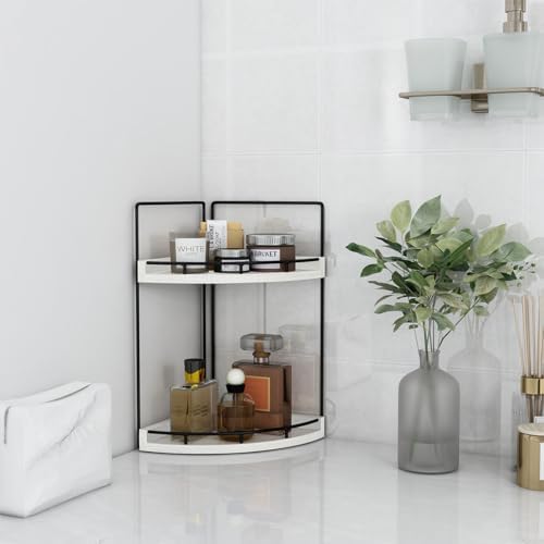Dorhors 2-Tier Rustic White Corner Bathroom Shelf | 2-Tier Rustic White Rack Holder for Skincare,Perfume,Makeup,Lotion,Wood Sink Tray Stand for Kitchen,Restroom,Dresser