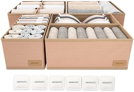 Dresser Drawer Organizer Clothes, 6 Pack Foldable Storage Boxes with Zipper, 600D Fabric, Cream, Drawer Dividers for Underwear, Socks, Baby Clothes
