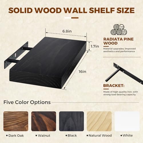 16x6.8x1.7in Solid Wood Floating Wall Shelf Set of 3 Black Finish