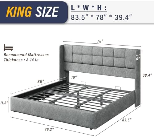 King Bed Frame with Hydraulic Gas Lift Up Storage, Linen Upholstered