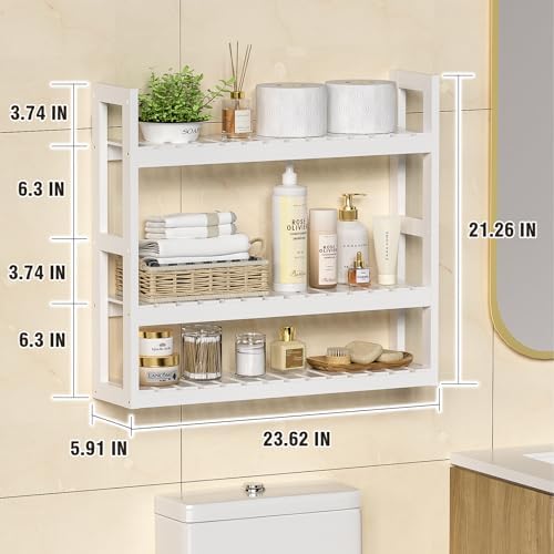 Domax Bathroom Shelves Over Toilet Storage - 3 Tier Wall Mounted Bamboo Bathroom Shelf Organizer Multifunctional Adjustable Layer Free Standing Utility Shelves for Bathroom Living Room Kitchen, White