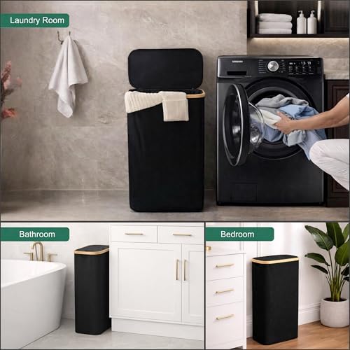 Slim Laundry Hamper with Lid, 60L Capacity, Bamboo Handles, and Steel Ring Removable Inner Bag - Collapsible Clothes Basket Laundry Organizer for Bedroom, Bathroom, Dorm, Black