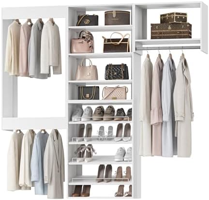 Modular Closet System, 84" Wide Wall-Mounted Closet Tower Organizer with Adjustable Shoe Shelves and Hanging Rods for Walk-In Closet Storage, White