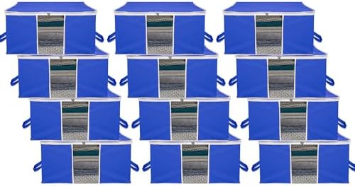 Kuber Industries 12 Piece Under Bed Foldable Organizer|Clothing Storage Bags|Blanket, Quilt, Comforter Cover (Blue)