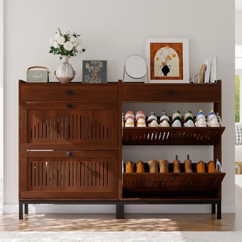 IDEALHOUSE Shoe Cabinet with 2 Flip Drawers and 1 Top Drawer, Walnut