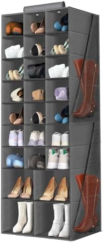 Hanging Shoe Organizer for Closet, Closet Hanging Shoe Storage Rack Holder Shelves,Collapsible Shoe Closet Organizers and Storage with 4 Large Side Pockets,25 Sections for Shoes,Hats,Clothes(Gray)