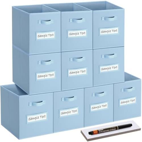 13x13x13 storage cube bins (Set of 10) Fabric storage cubes with 10 Labels Window Cards & a Pen, storage cubes 13x13, Collapsible 13 inch cube storage bins, Cubby Organizer Boxes, Pastel Blue