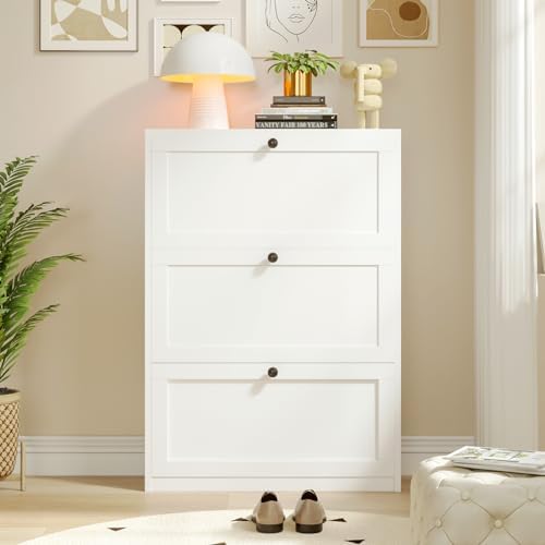 VOWNER Shoe Storage Cabinet with 3 Flip Drawers, Freestanding Shoe Cabinet with Adjustable Shelf & Anti-Tipping Device, Slim Shoe Rack for Entryway, Hallway, Living Room, White (White)