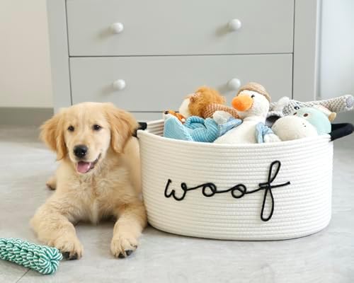 Woof Dog Toy Basket Woven Pet Baskets Storage Bin Box with Durable Handles, Pet Supplies Puppy Bins Perfect for Organizing Dog Toys Blankets and Accessories