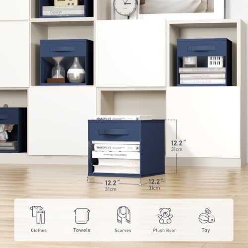 DIMJ Cube Bins, 12.2-Inch Storage Bins Cubes with Window, 6 Packs Collapsible Storage Bins with Handles, Closet Storage Baskets for Organizing Living Room, Office, 6 Pack,Navy Blue