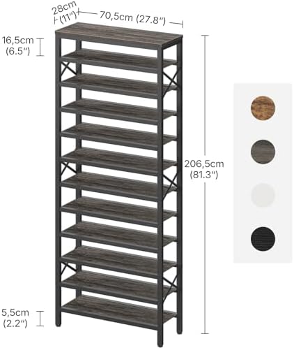 YATINEY 12-Tier Tall Shoe Rack Organizer, Wooden Shoe Storage for Closet Holds 48 Pairs, Sturdy Shoe Shelf with X-Shaped Metal Support, for Entryway, Bedroom, Charcoal and Black SS212BC