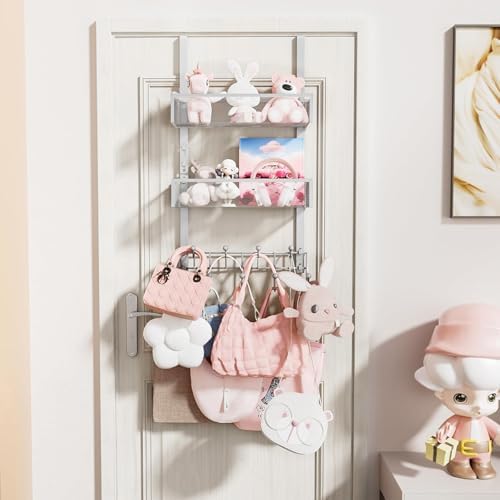 HapiRm Over The Door Hanger with Coat Hooks and 2 Baskets, Rustproof & Waterproof Over The Door Hooks, Storage Organizer for Hats, Bathroom, Kitchen, Bedroom-Silver (for 1.76in Doors)