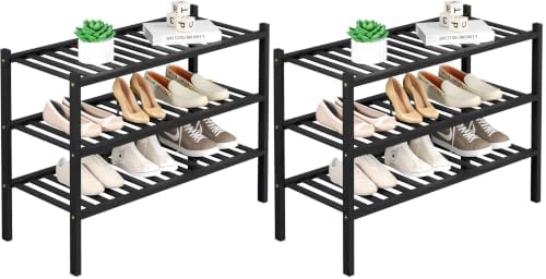 ROMGUAR CRAFT 3 Tier Bamboo Shoe Rack for Closet Free Standing Wood Shoe Shelf Storage Organizer for Entryway Small Space Stackable 27"x11"x20" (Black) (Pack of 2)