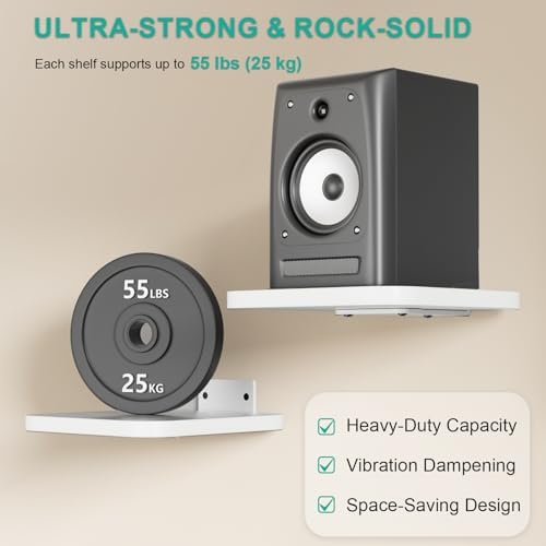 WALI Surround Sound Speaker Wall Mount, 1 Pair Heavy Duty Floating Shelf | Bookshelf Speaker Stands for Living Room, Home Theater and Gaming Room, Wall Shelves Hold up to 55 Lbs (SWM302W), White