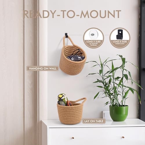 Fabric Wall Hanging Baskets, 3 Pack Woven Boho Pouches (Linen & Black) | Wall Small Bags with Adhesive Hooks, Linen Rope, Boho Decorative Organizers, Hanging Storage Bag Baskets for Door Rack RV