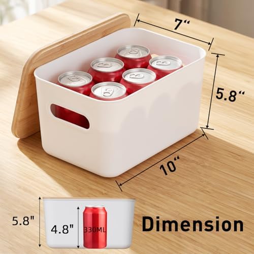 Citylife 7 QT Storage Bins with Bamboo Lids, Stackable with Handles, 2-Pack | Small White Organizer Boxes for toys, desk supplies, snacks, shelves, White PP5 Plastic, GRS Certified