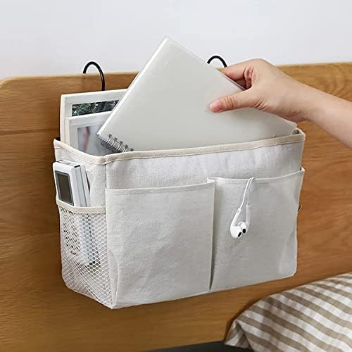 Bedside Caddy Organizer - Bedside Hanging Storage Bag with Hooks, Dorm Essentials Caddy for Bunk Bed & Dorm Bed Rails, Holds Books, Phones, Tablets, Glasses, Water Bottles & More (White 2 Pack)