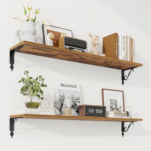 RICHFOCUS Floating Shelves for Wall Decor, 39.4W x 8D Shelves Set of 2, 8 Inch Deep Rustic Wood Shelves Wall Mounted with Brackets, Long Floating Shelves for Living Room Bedroom Kitchen, Rustic Brown