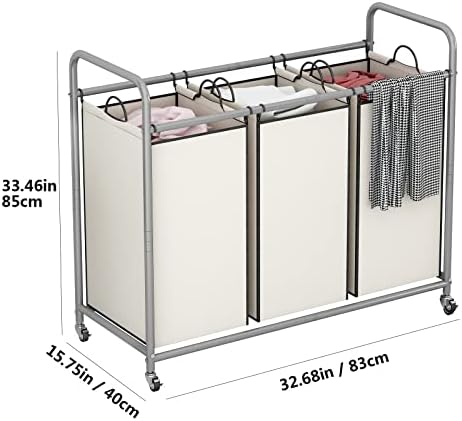 LINZINAR 3 Section Laundry Hamper, Beige Laundry Basket 135L Laundry Sorter | Laundry Room Organization with Heavy Duty Rolling Lockable Wheels and Removable Bag, Bedroom Laundry Cart for Clothes Storage