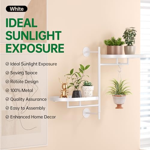 Rotating Window Shelves for Multiple Plants Indoor,2-tier Metal Corner White Plant Stand Holder Floating Hanger Shelf for Wall，Windows Sill Gifts for Planter Lover to Enhance Home Decor