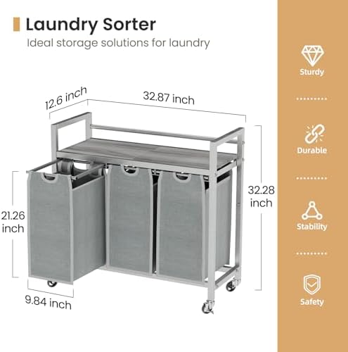 SwaaVee Laundry Sorter, Laundry Hamper 3 Section, 3×11.4Gal, Metal Frame Rolling Laundry Basket with Wooden Top Shelf, Pull out and Removable Laundry Bags, 3 Bags-Gray