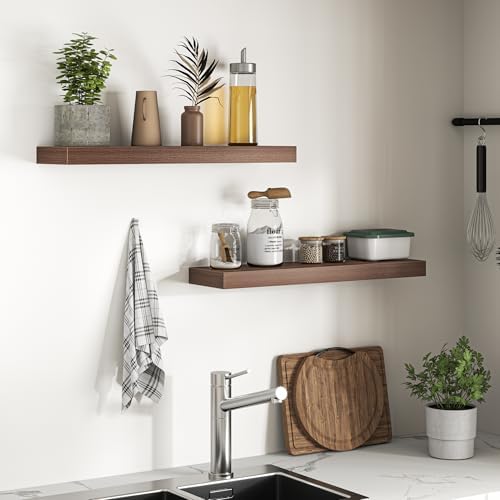 FLYJOE 30" Floating Shelves for Wall, Wooden Wall Mounted Display Shelves with Invisible Brackets Set of 2 for Living Room, Bedroom, Bathroom, Kitchen Decor and Storage, Walnut