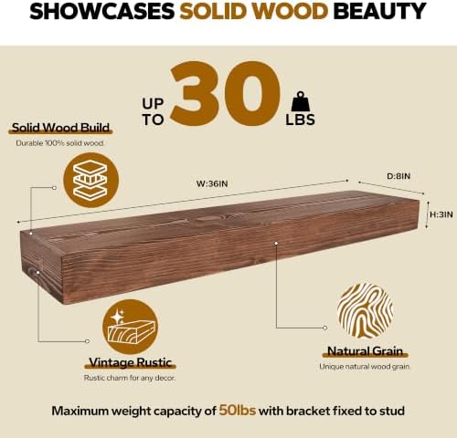 Floating Shelves 3 inch Thick for Wall Set of 2,Solid Pine Wood Wall Mount Shelf for Kitchen Living Room Bedroom Bathroom,8" D x 36" L x 3" H-Rustic Brown