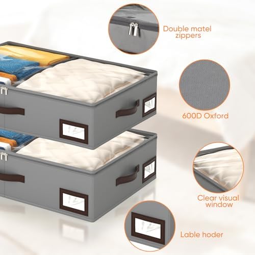 OIAHOMY 2 Pack 38L Under Bed Storage with Adjustable Dividers, 6" Low Profile Underbed Storage Bins for Comforters & Clothes, Save Closet Space with Clear View Lid & Reinforced Handles, Grey