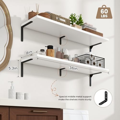 Fun Memories Deep Floating Shelves, 36W x 8D Floating Shelves Set of 2, Wall Mounted Shelf with Metal Brackets, Rustic Wood Wall Shelf for Bathroom, Kitchen and Living Room, White