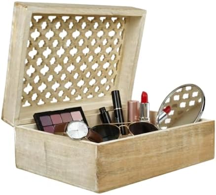Mela Artisans Trellis Mango Wood Box - Whitewash, 10.5x7.5 in | Handcrafted keepsake box featuring an easy opening lid to create storage for delicate jewelry or home décor accents.