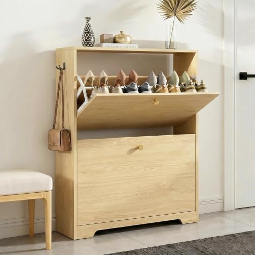 Nicetree Shoe Cabinet with 2 Flip Drawers, Entryway Storage, Natural Oak