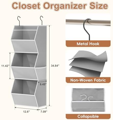 Closet Hanging Organizer with Pockets, 3 Shelf Hanging Clothes Organizers