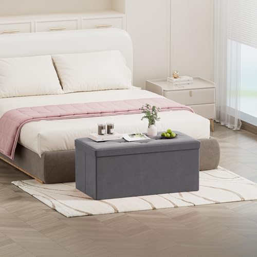 BRIAN & DANY Folding Storage Ottoman Bench, Ottoman with Storage, Foot Rest, Benches Seat for Bedroom, Living Room, Entryway, Long Shoes Bench, 15.7" x 31.5" x 15.7" Gray