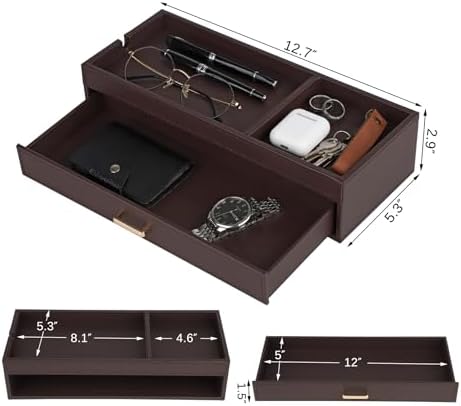HofferRuffer Valet Jewelry Tray Organizer with Drawer, Faux Leather Storage Catchall Box Phone Charging Station Tray with Dresser Nightstand Desktop Drawer Organizer (Dark Brown)