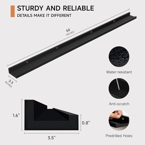 Fun Memories Picture Ledge Shelf, 60 Inch Floating Shelves Set of 2, Large Nursery Book Shelves for Toys Storage, Kids Bookshelf Wall Mounted for Wall Decor Books Photo Frames, Black