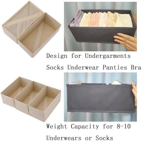 Bructhun Sock Drawer Organizer 3 Pack - Collapsible Fabric Storage Bins for Underwear Divider, Small Closet Organizers with 3 Compartments, Beige
