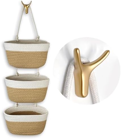 3-Tier Decorative Cotton Rope Hanging Basket, Wall-Mounted Woven Storage Organizer Bag, White + Jute