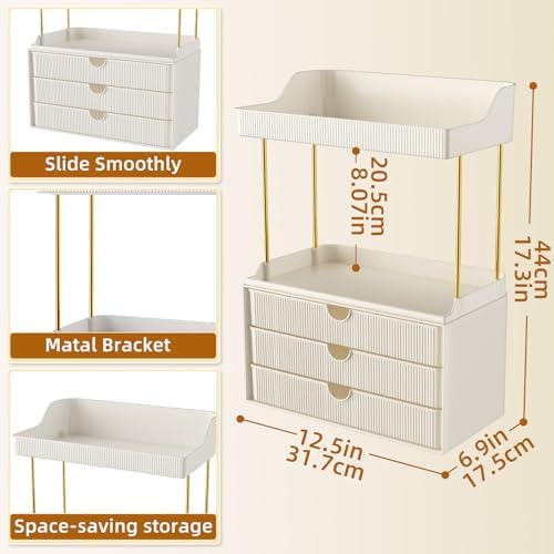StorBin Arcylic 5-Tier Makeup & Skincare Organizer for Vanity, Bath | Smooth 3 drawers, clear body, gold frame, non-slip, for perfumes, serums, face masks, palettes, vanity & bath counter,white