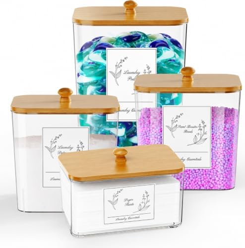 COAZEX 4 Pack Clear Laundry Pods Container & Dryer Sheet Holder,Bamboo Lids | Clear Square Containers Natural Bamboo Lids, 2 Scoops, 16 Labels, For Laundry Pods, Detergent Powder, Dryer Sheets, Farmhouse