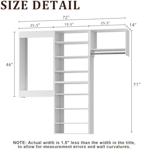 Modular Closet System, 72" Wide Wall-Mounted Closet Tower Organizer with Adjustable Shelves and Rods for Walk-In Closet Storage, White