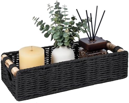 CubesLand Back of Toilet Storage Basket for Organizing W/Cut Out Handle | Handwoven Toilet Tank Top Paper Baskets, Wicker Decorative Basket for Countertop, Home Decor, Living Room, Nursery, Black
