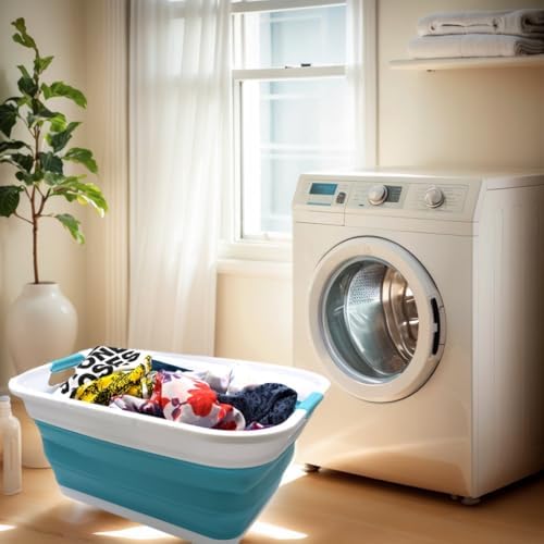 SAMMART 41L (10.8 gallon) Collapsible Plastic Laundry Basket-Foldable Pop Up Storage Container/Organizer-Portable Washing Tub-Space Saving, Water capacity: 32L (8.4 gallon) (Rectangular, Bright Blue)