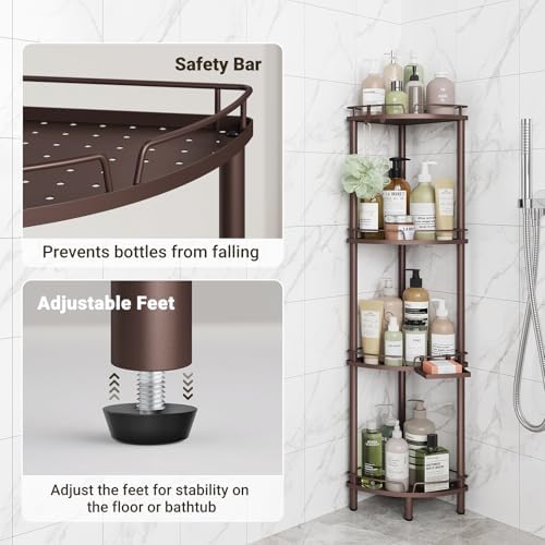 ELYKEN Corner Shower Caddy Standing, 4 Tier Metal Shower Organizer, Bronze | Stainless Steel Shower Shelves with Soap Holder, Adjustable Feet & 2 Hooks for Storing Bath Essentials in Bathroom corner