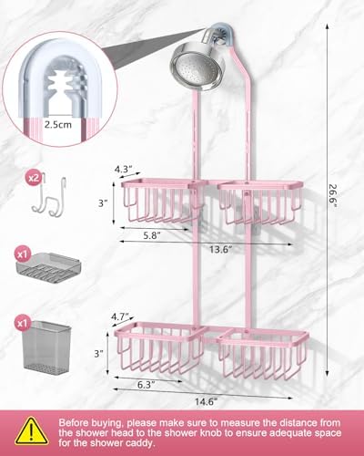 Adjustable Shower Caddy Hanging for Handheld Showerheads - Never Rust Shower Hanging Organizer, Upgraded Bathroom Shower Rack with Soap Basket, Hooks and Toothbrush Holder (Pink)