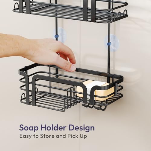 SWTYMIKI Shower Caddy Hanging Organizer - Over the Door Shower Caddy with Soap Holder, 11 Hooks, 2 Installation Ways, Stainless Steel Rustproof Bathroom Organizer, Black