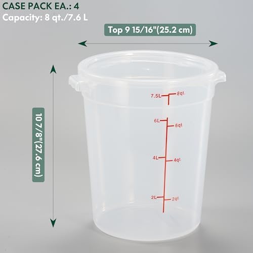 CURTA 8 Quart Translucent Round Food Storage Container with Lid, Pack of 4 – NSF Listed, BPA-Free, Commercial-Grade Polypropylene, Freezer & Dishwasher Safe, Non-Stick, Easy-Read Graduations