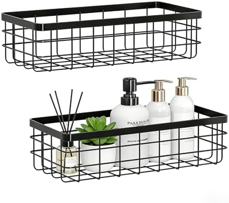 2 Pack Black Adhesive Metal Wire Wall Storage Baskets for Kitchen Bathroom